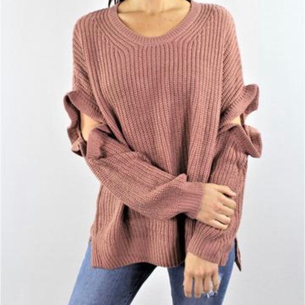 New Mauve Crew Neck Sweater with Elbow Cut Outs